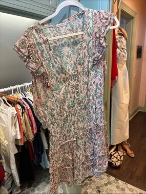 Poupette St. Barth Pink and Green Leaf-Print Mini Dress